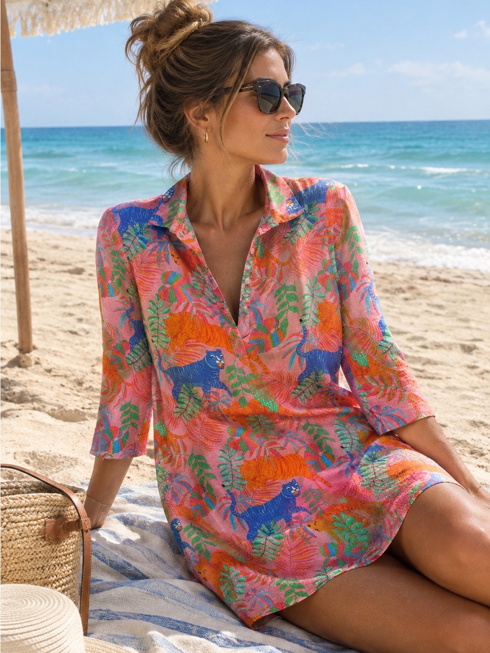 MarigΕld Printed Tunic Dress in Coral Multi